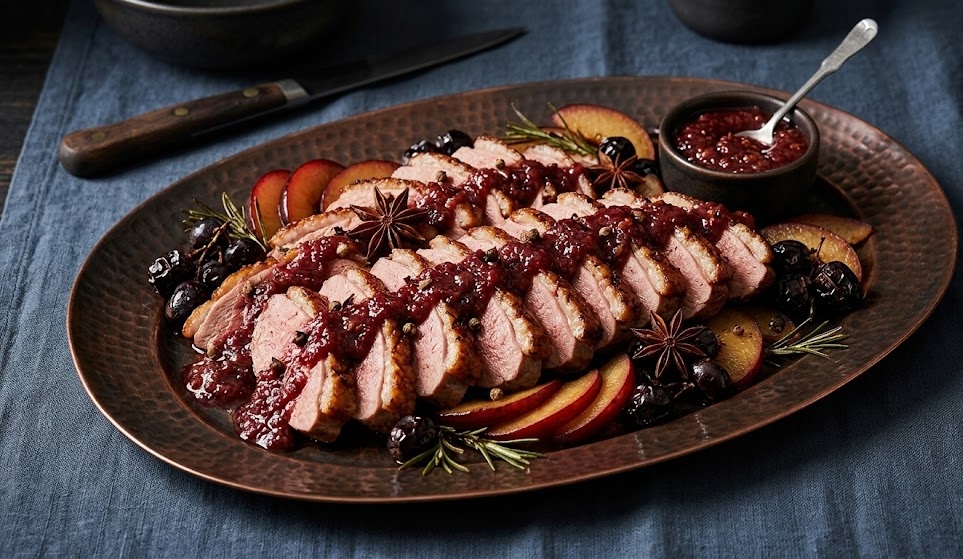 James Martin Roast Duck Recipe with Spiced Plum Sauce